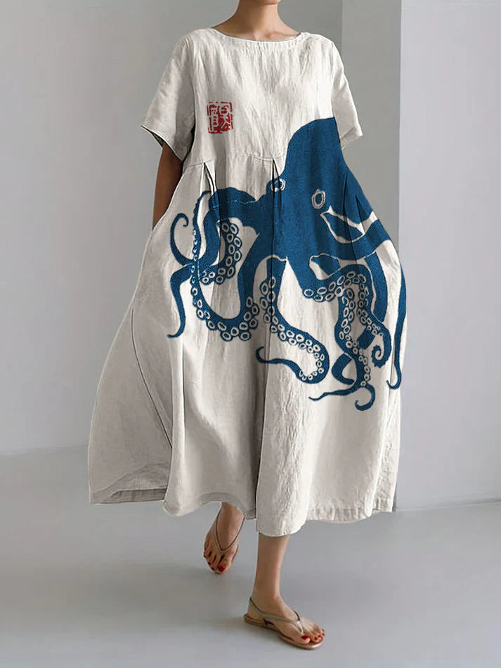 Gabriella - langes kleid aus halbleinen mit japanischem muster aus octopus-leinen