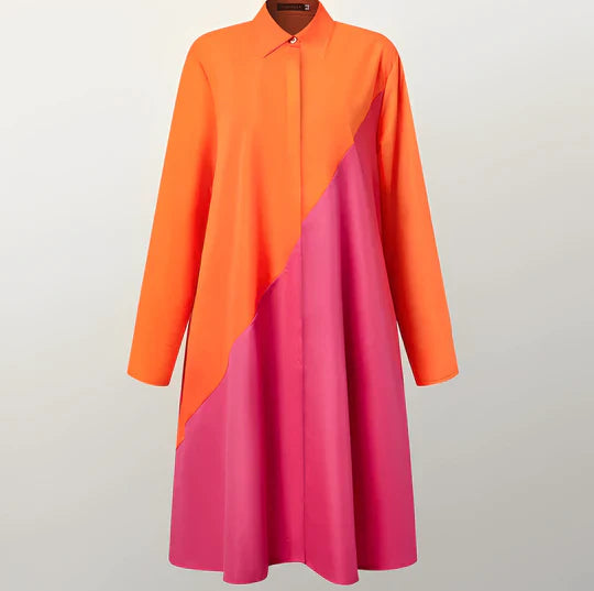 Orange-Rosa Hemdblusenkleid mit Umlegekragen und Dreiviertelärmel